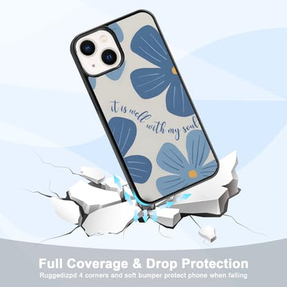 Aesthetic Blue Christian Floral Phone Case Compatible with iPhone 13 6.1 Inch, Cute Jesus Bible Verse Design, TPU Shockproof Protective Cover for Women Girls, Wireless Charging Compatible - color: iPhone 13