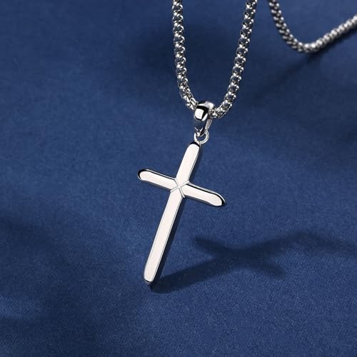 Small Dainty Cross Pendant Necklace 925 Sterling Silver for Women with 18", 20" Sturdy Chain 14K White Gold Plated - size: 18" Chain, style: Slim