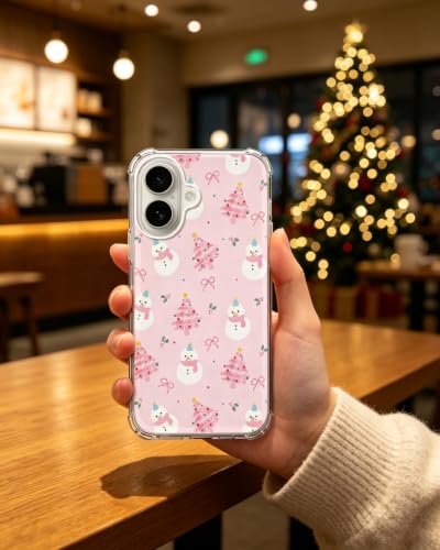 Pink Christmas Trees Snowman Bows Phone Case Compatible with iPhone 17, Cute Girly Winter Phone Cover for iPhone 17 - color: Pink Trees Snowman