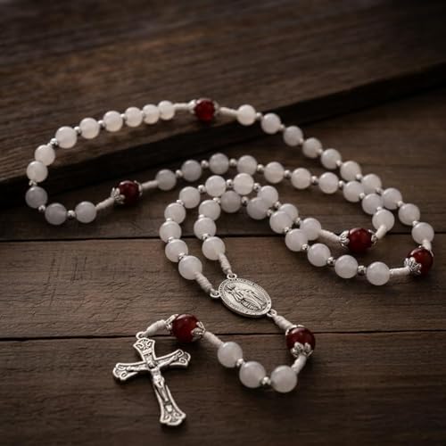 Nazareth Store 8mm White Jade & 10mm Natural Stone Beads Rosary Necklace St. Miraculous Medal & Cross Crucifix Catholic Prayer Beads Religious Jewelry - color: Red Garnet