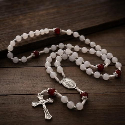 Nazareth Store 8mm White Jade & 10mm Natural Stone Beads Rosary Necklace St. Miraculous Medal & Cross Crucifix Catholic Prayer Beads Religious Jewelry - color: Red Garnet