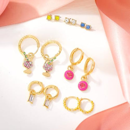 Gold Earrings Set for Women 14K Gold Plated Cubic Zirconia Love Heart Bowknot Clover Fruit Flower Insect Ocean Cross Huggie Hoop Earrings Stud Earrings Set for Multiple Piercing Party Jewelry Gifts - style: Fun Cocktail