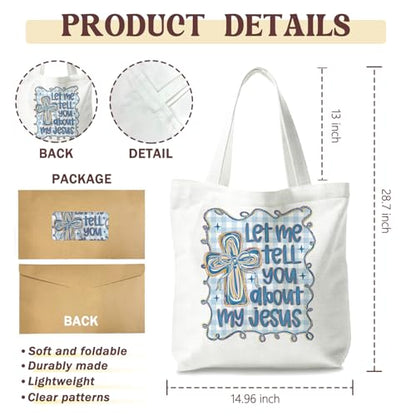 Bible Tote Bags Cute Christian Preppy Canvas Tote Bag Christian Gifts for Women Reusable Shopping Bags(Parent) - color: Let Me Tell You About My Jesus-2-blue