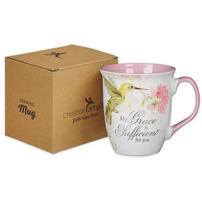 Christian Art Gifts Large Ceramic Inspirational Scripture Coffee & Tea Mug for Women: Grace is Sufficient Silver Bible Verse, Cute Lime Green Hummingbird Novelty Drinkware, White/Pink Floral, 14 oz. - color: Pink/Grace