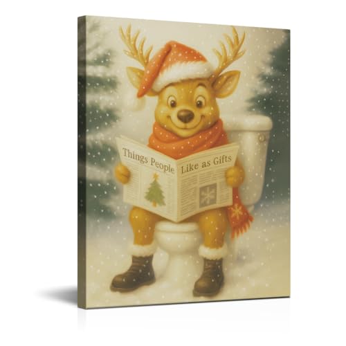 Funny Christmas Decorations - Little Deer Bathroom Wall Art Picture Painting Artwork - Red Indoor Holiday Christmas Decor for Wall Table Mantel Home Farmhouse 8"x10" Framed - color: color-n