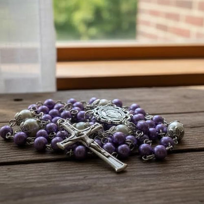 Nazareth Store Pearl Beads Rosary White Our Father Beaded Necklace Lourdes Medal & Cross Crucifix Spiritual Devotion - color: Purple