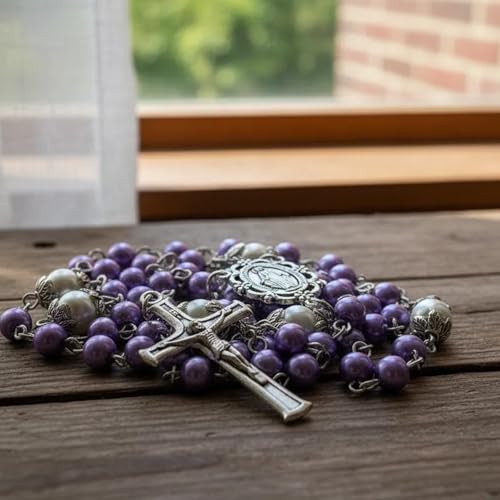 Nazareth Store Pearl Beads Rosary White Our Father Beaded Necklace Lourdes Medal & Cross Crucifix Spiritual Devotion - color: Purple
