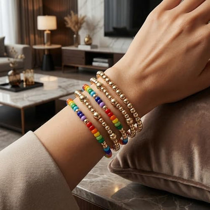Gold Pearl Beaded Cross Bracelets Stack Set for Women, Boho Handmade Colorful Small Beads Stretchable Jewelry Friendship Summer Trendy Gift. - color: Rainbow