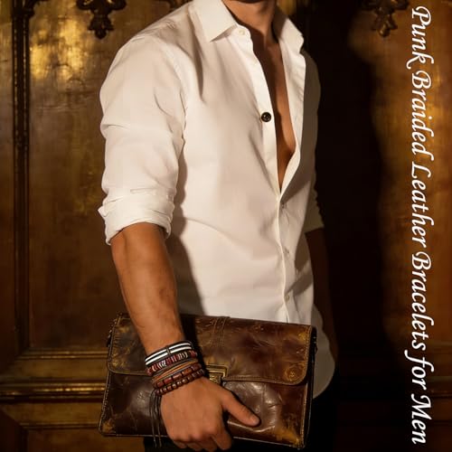Punk Braided Leather Bracelets for Men Women Tribal Wrap Wristband - color: Brown Feather