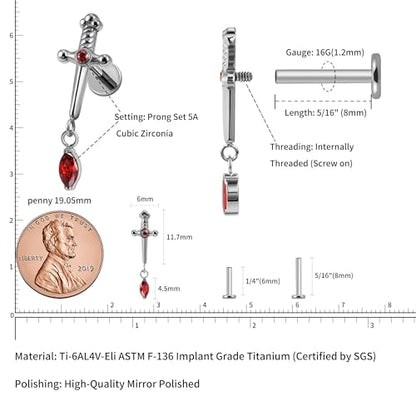 FINE4U 1PC ASTM F136 Titanium Sword Piercing Jewelry for Conch, Tragus, Helix 16G 8mm, Implant Grade Hypoallergenic Flatback Stud - color: Dagger - Tit