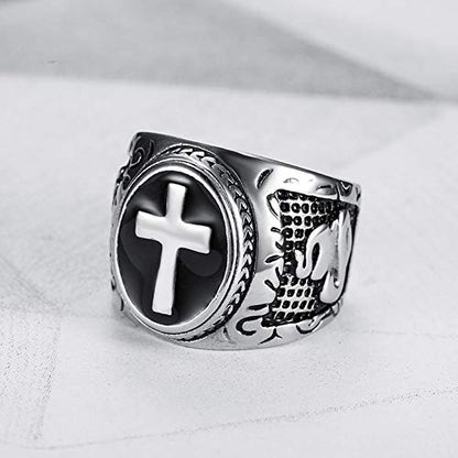 JAJAFOOK Men's Silver-Tone Stainless Steel Cross Ring - color: Silver