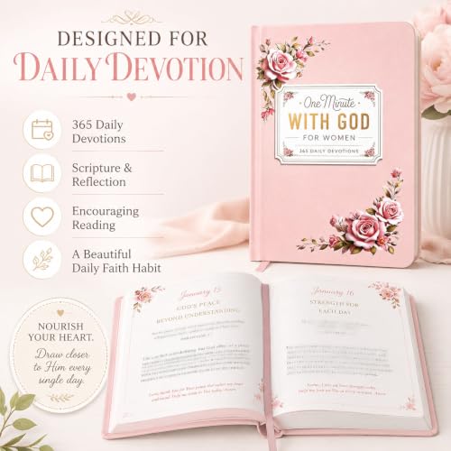 Pink One Minute With God for Women, 365 Daily Devotions Prayer Journal, End of Book Tape Catalogue Design Christian Devotional Book, Inspirational Bible Study Gift for Women, Mom, Sister, Friend