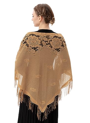 PAMOR Triangle Catholic Church Veil Chapel Veil Scarf Mantilla Veils Wrap Shawl Mass Head Covering with Fringe Trim - color: Beige