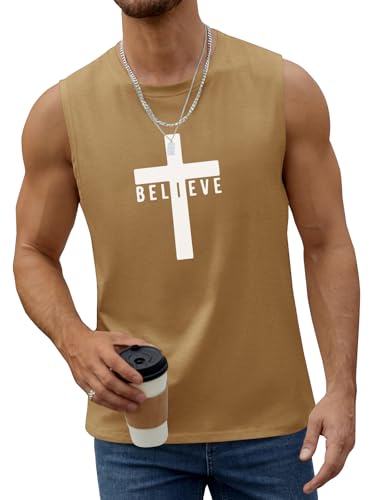 Men's Cotton Graphic Tank Tops Jesus Cross Believe Printed Faith Christian Shirts - color: #Khaki, size: Small