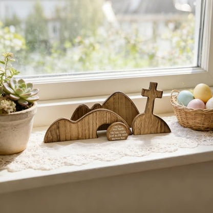 Wooden Empty Tomb Easter Christian Decoration, Religious Resurrection Scene - color: Brown-4 Pieces