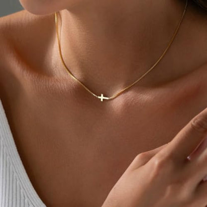 NIXMAX Small Cross Necklace for Women, 14K Gold Silver Plated Pendant - color: Gold-Sideways Cross