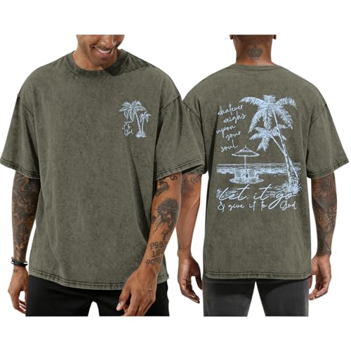 Christian Jesus Shirts for Men Hawaiian Beach T Shirts Vintage Bible Verse Faith Acid Wash Palm Trees Graphic Tees - color: Army Green, size: Small