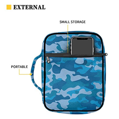 Coldinair Blue Camo Print Bible Cover for Men,Carrying Book Case Church Bag Bible Holder Protector with Handle and Zipper Pocket - color: Blue Camo
