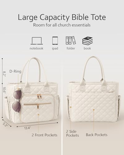 Large Bible Bag with Bible Cover Case for Women, Quilted Bible Tote Bag - color: Beige
