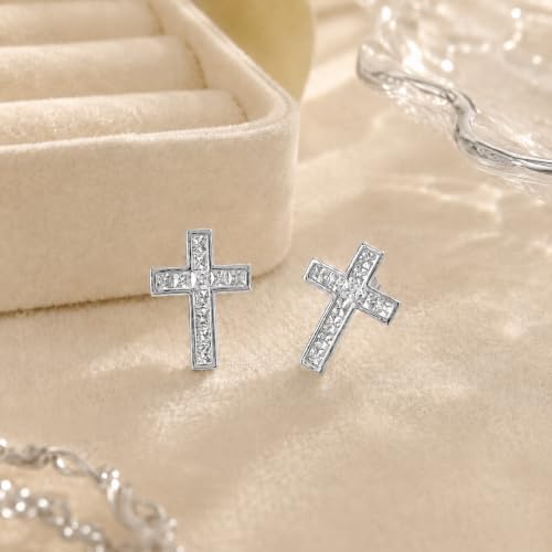 Dainty Cross Stud Earrings for Women, S925 Silver posts gold plated - color: White Gold