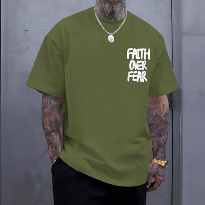 Christian Jesus Shirts for Men Faith Over Fear Shirt God Religious Bible Verse Inspirational Oversized Graphic Tees - color: Light Army Green, size: Small