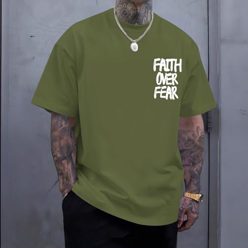 Christian Jesus Shirts for Men Faith Over Fear Shirt God Religious Bible Verse Inspirational Oversized Graphic Tees - color: Light Army Green, size: X-Large
