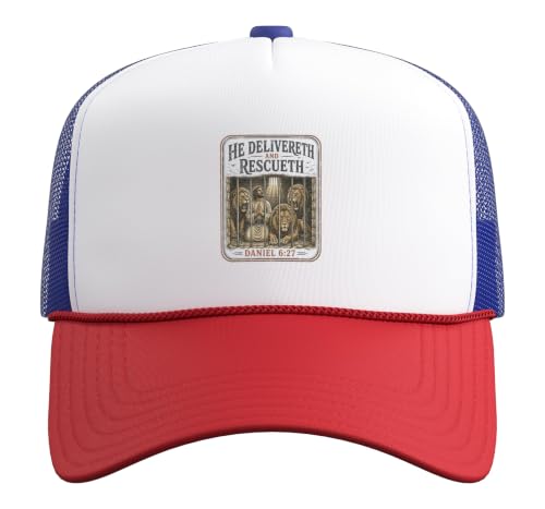 He Delivers and Rescues Daniel 6:27 Bible Verse Christian Trucker Hat with Adjustable Mesh Back - color: Red/White/Royal Blue