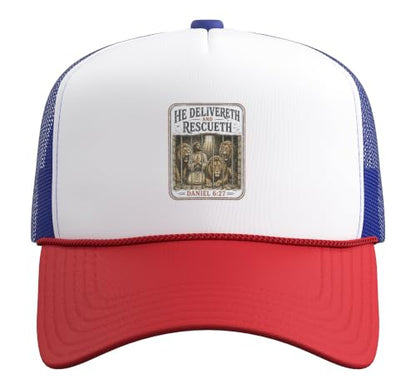 He Delivers and Rescues Daniel 6:27 Bible Verse Christian Trucker Hat with Adjustable Mesh Back - color: Red/White/Royal Blue