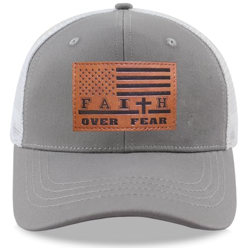 Leather American Flag Faith Over Fear Trucker Hats for Men Women, Adjustable Mesh Snapback Baseball Cap - color: Gray