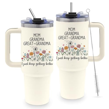 40oz Mom Tumbler Gifts for Grandma, Water Bottle with Handle & Straw - color: Grandma-White
