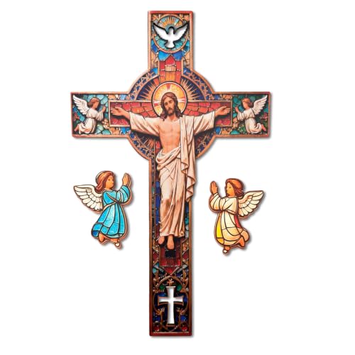 Goodangie00 Wooden Cross Wall Decor - 14" Vintage Christian Blessed Crucifix Wall Art Hanging Decoration for Church Home Living Room, Entryway, Prayer Corner Gift - color: Wood Cross A