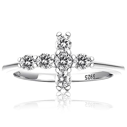 Forever Fervent Sideways Cross Pave Ring | 18K Gold | Petite CZ Christian Band | Religious Polished Finish Set - color: Silver