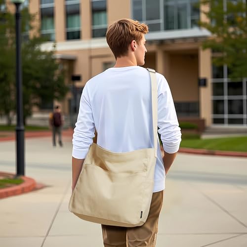 KALIDI Canvas Tote Bag Zipper Large Crossbody Shoulder Bag Messenger Bag - color: Beige