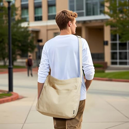 KALIDI Canvas Tote Bag Zipper Large Crossbody Shoulder Bag Messenger Bag - color: Beige