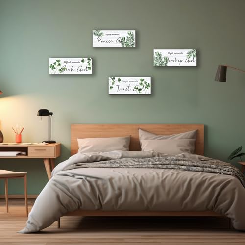 ONIZHITY 4 Pcs Green Bathroom Decor Religious Farmhouse Wall Art Inspirational Bible Verse Green Leaf Rustic Wooden Christian Sign for Home Bathroom Office Bedroom Living Room Kitchen(Green 10x4)