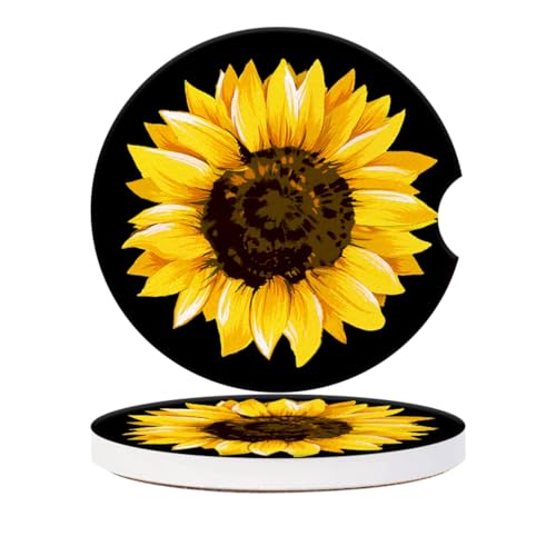 Cup Holder for Car,Elegant Sunflower Close-Up Print Ceramic Coasters Non-Slip Cup Holder Insert with Fingertip Grip, Auto Interior Accessories for Women & Men,Pack of 2, 2.56In - color: Elegant Sunflower Pattern