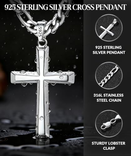 925 Sterling Silver Cross Necklace for Men with 5mm Figaro Chain - color: Silver, size: 20 inches