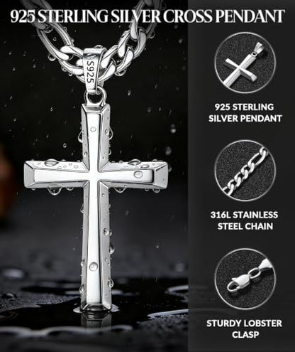 925 Sterling Silver Cross Necklace for Men with 5mm Figaro Chain - color: Silver, size: 20 inches
