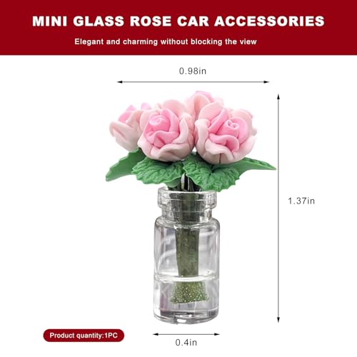 Rose Flower in Vase Car Dashboard Decoration, Cute Floral Vase Vehicle Rear View Mirror Ornament, Miniature Realistic Flower Bouquet Auto Interior Decor for Girls Women (Pink) - color: Pink