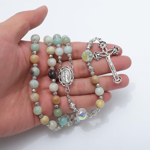 KOMI Gemstone Beadas Rosary Necklace Catholic for Women with Pouch