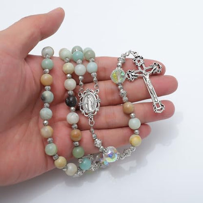 KOMI Gemstone Beadas Rosary Necklace Catholic for Women with Pouch