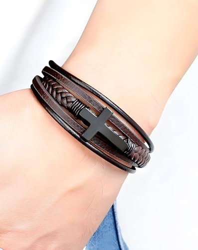 Cross Leather Bracelet for Men, Multi-Layer Braided Mens Religious Cuff Bracelets with Stainless Steel Clasp Anniversary Father's Day Birthday Christmas Jewelry Gifts for Him - color: Black Clasp & Brown Leather
