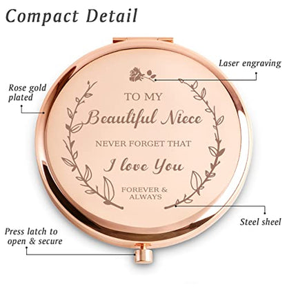Personalized Gifts for Niece, Inspirational Niece Gifts for Birthday, Engraved Compact Mirror, Graduation Mothers Day Basket Stuffers - color: Niece - I Love You