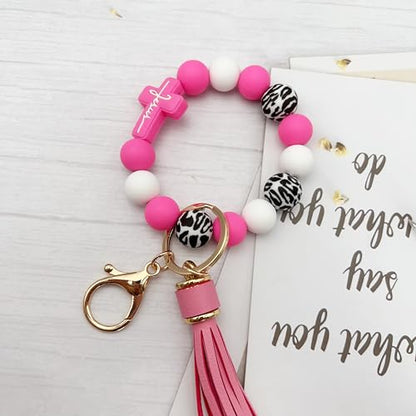 Silicone Beaded Jesus Cross Wristlet Keychain Leather Tassel,Key Ring Wrist Bangle,Key Chains Bracelet Women - color: Rose Cross