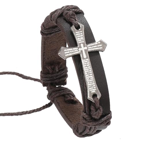 Religious Cross Leather Bracelet Adjustable Bangle Braided Jewelry for Men Cross Alloy Bracelet - color: Brown