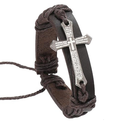Religious Cross Leather Bracelet Adjustable Bangle Braided Jewelry for Men Cross Alloy Bracelet - color: Brown