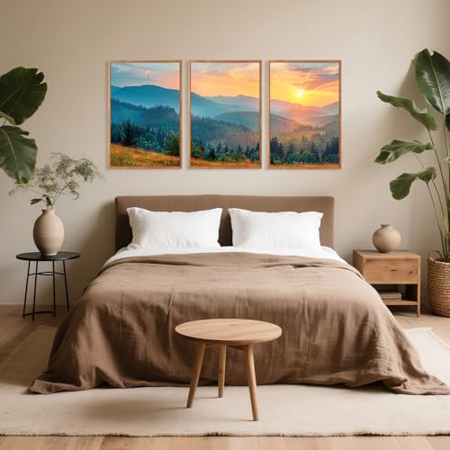 Aurlan 3 Pcs Mountain Sunset Framed Canvas Wall Art 16x24 Inch - color: Boho Mountain Sunset Landscape, size: 16"x24"
