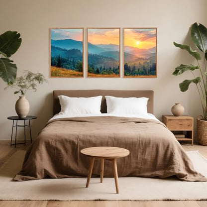 Aurlan 3 Pcs Mountain Sunset Framed Canvas Wall Art 16x24 Inch - color: Boho Mountain Sunset Landscape, size: 16"x24"