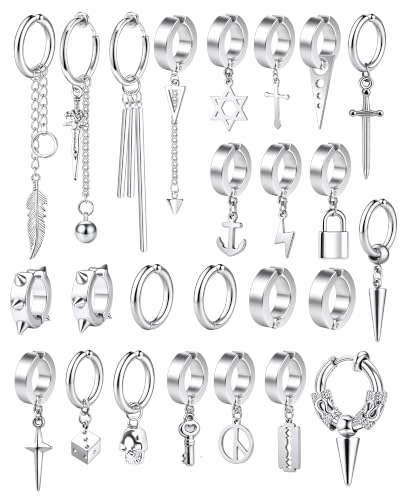 ONESING 20-25 Pcs Clip On Earrings for Men - Dangle Hoop Sterling Non Pierced Fake Piercings - Stainless Steel Silver - color: Silver-25pcs