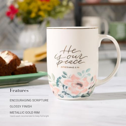 Christian Art Gifts Large 15 oz Ceramic Floral Coffee & Tea Mug for Women - color: He is Our Peace/White & Mint Green Multi Floral